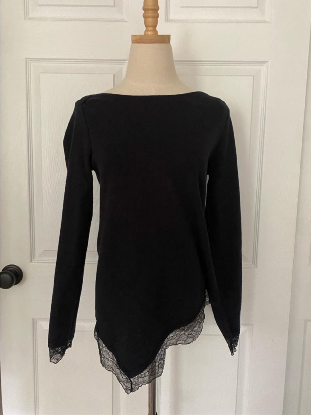 Zara Black Long Sleeve Top with Lace Hem